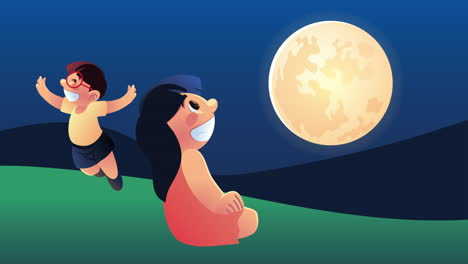 cute little girl character looking at the moon