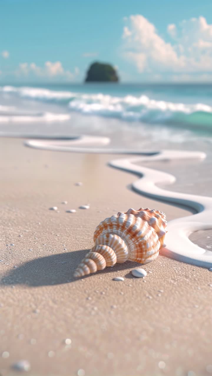Close-up of a seashell on a sandy beach with gentle waves, captured from a low angle