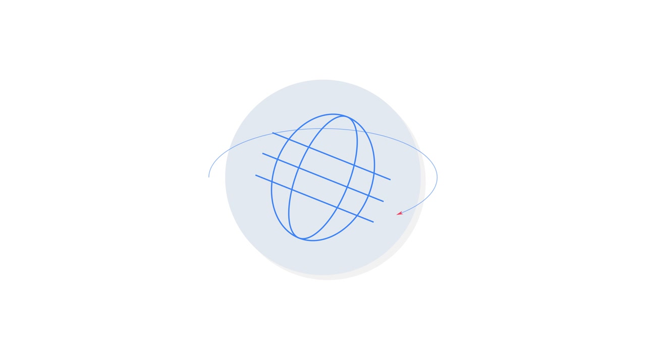 Freccia rossa animata che orbita attorno a un globo wireframe blu