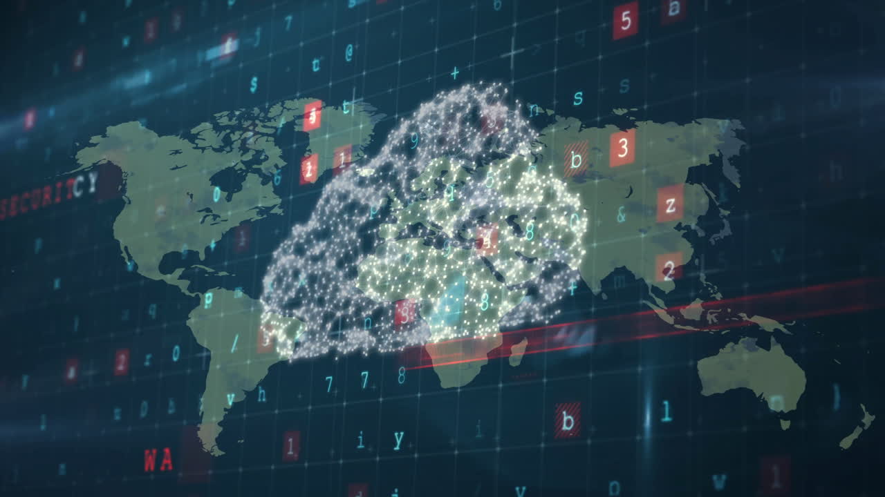 바이러스 경고 텍스트, 클라우드 및 세계 지도에 대한 디지털 데이터 처리의 애니메이션