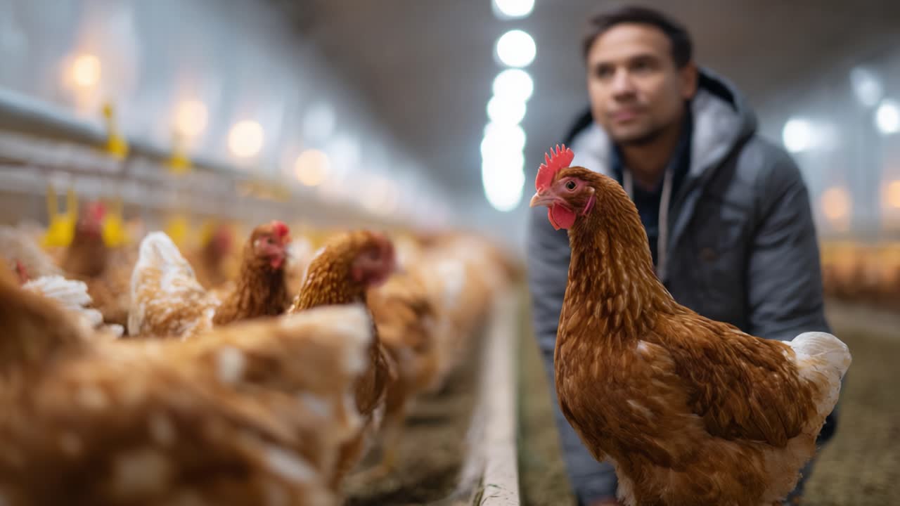 A farmer cares for chickens in a well-lit poultry barn, showcasing healthy hens and highlighting the importance of poultry farming and animal husbandry practices