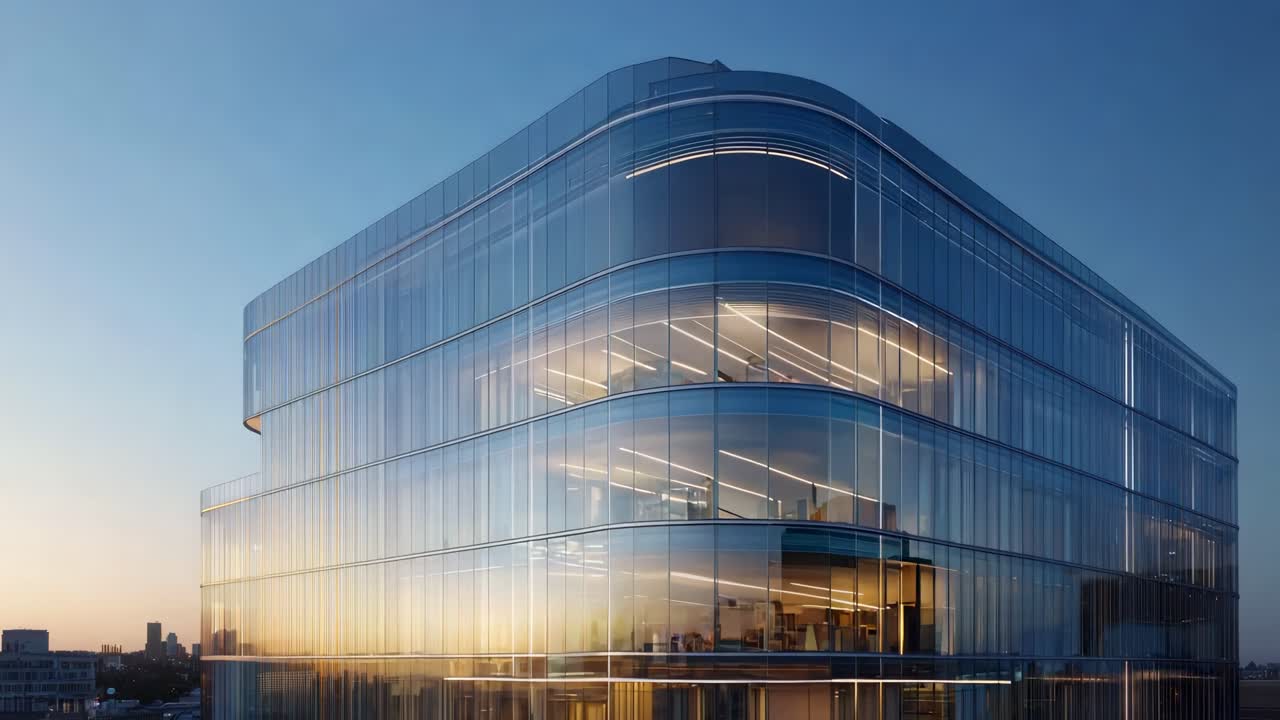 Edificio moderno de cristal al atardecer, capturado desde un ángulo bajo