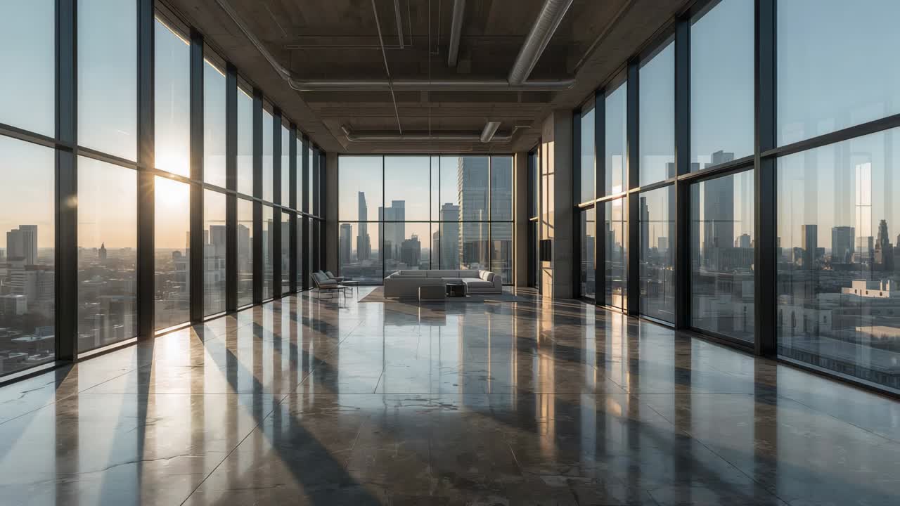 Sun rising left glass causing light sliding across loft, camera moving closer showing sofa, skyline