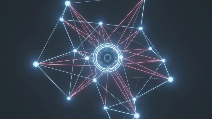 Pulsing central rings initiating network rotating and rebalancing nodes on dark canvas, pink struts