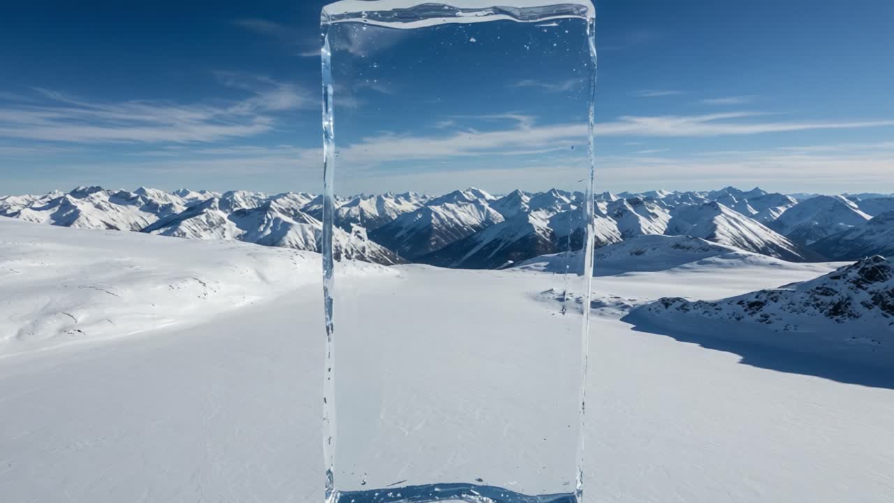 A Stunning Arctic Landscape Featuring a Crystal Clear Ice Block Surrounded by Majestic Snow-Capped Mountains and a Bright Blue Sky in the Background
