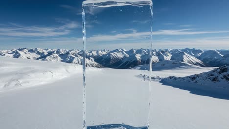 a stunning arctic landscape featuring a crystal clear ice block surrounded by majestic snow-capped mountains and a bright blue sky in the background