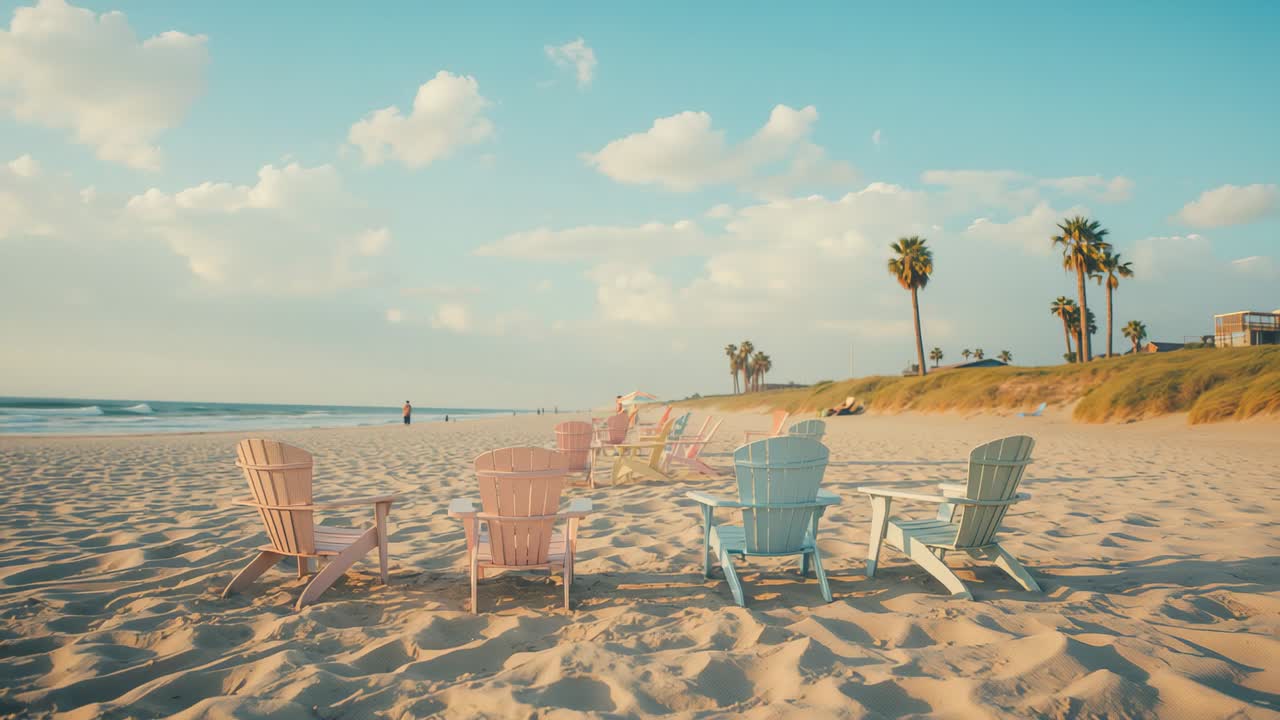 Capturing pastel Adirondack chairs facing ocean waves on beach, with dune foliage, beach hut
