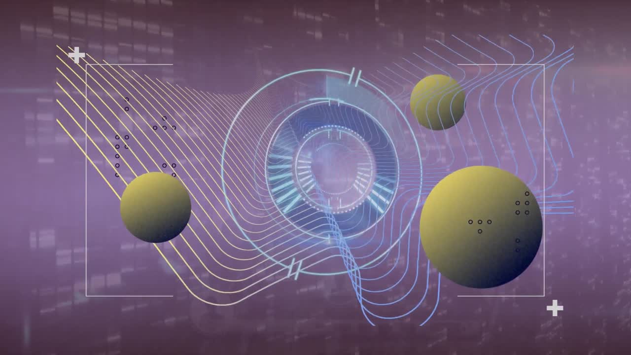 Animation of arc reactor, globes and abstract pattern in viewfinder over falling bar graphs