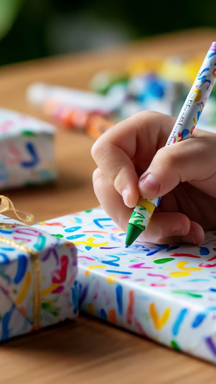 Creative Crafting: A Child's Hand Decorates Colorful Gift Wrap with Festive Patterns Using Bright Markers and Crayons, Enhancing the Joy of Presenting Thoughtful Surprises for Special Occasions