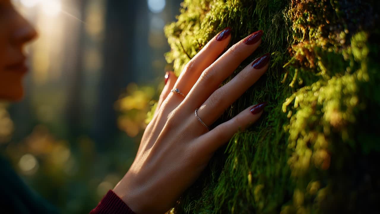 A Serene Interaction with Nature: A Close-Up of a Woman's Hand Caressing a Moss-Covered Tree in a Mystical Forest Setting, Highlighting the Beauty of Natural Elements and Personal Connection