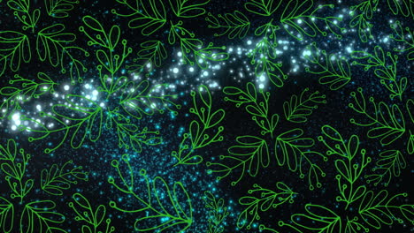 animación de diseño de patrón de hojas verdes sobre estrella fugaz azul contra fondo negro.