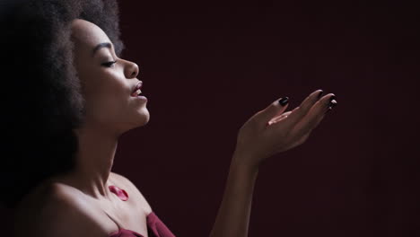 retrato atractiva joven mujer afroamericana soplando pétalos de rosa cayendo en las manos hermosa mujer con concepto de día de san valentín afro