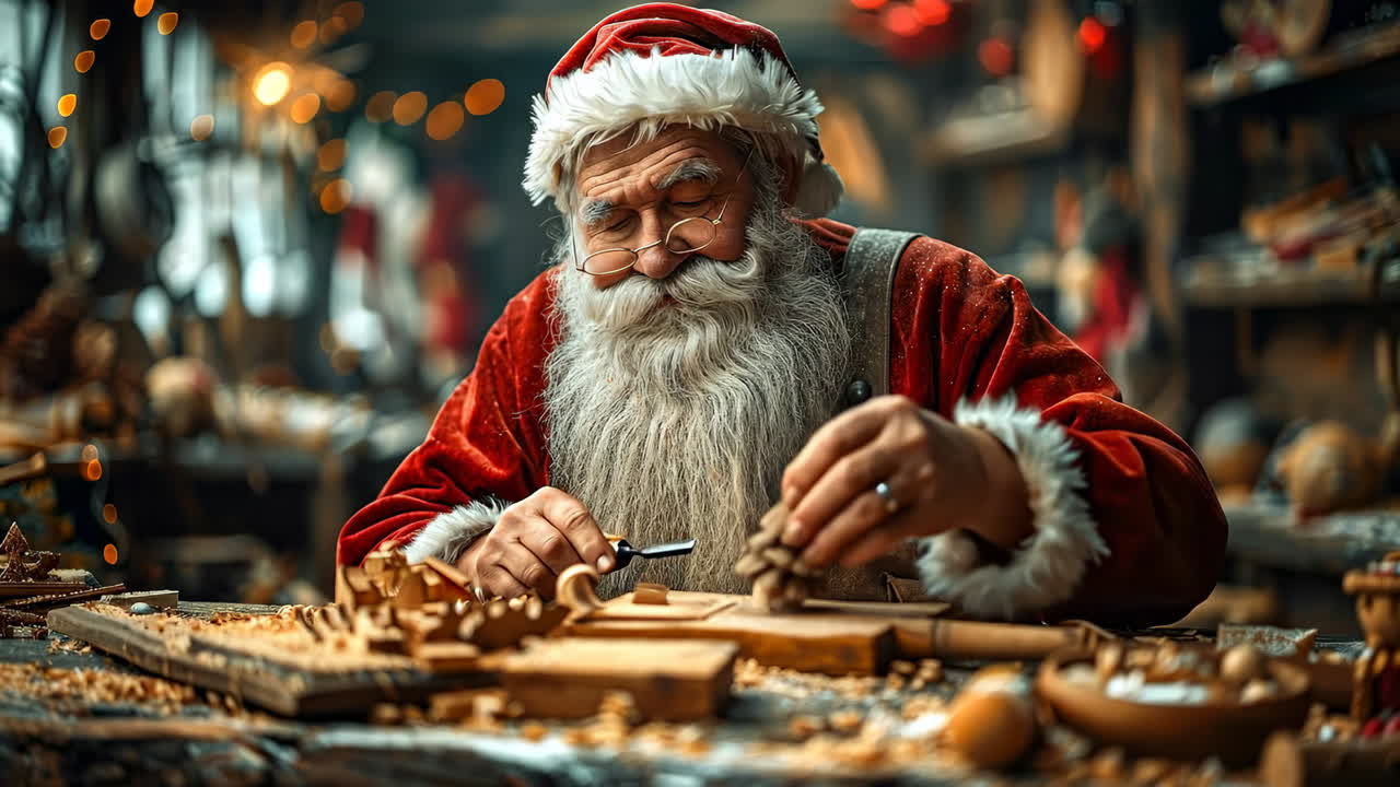 Workshop scene with Santa crafting toys. Santa is busy in his workshop, carving wooden toys with focus and care surrounded by holiday decorations