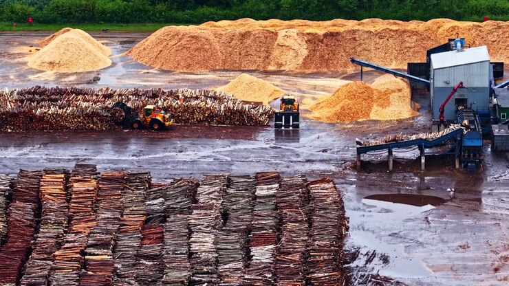 Stacks of timber and piles of woodchips at an industrial sawmill in Latvia. Machinery operates on-site, processing wood. Useful for industry analysis or environmental studies.