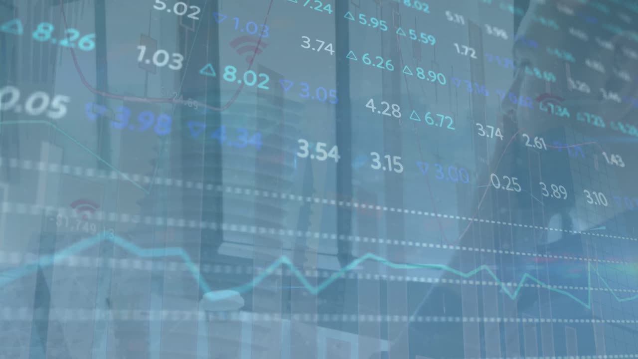 Animation of stock market data processing over caucasian man talking on smartphone at office