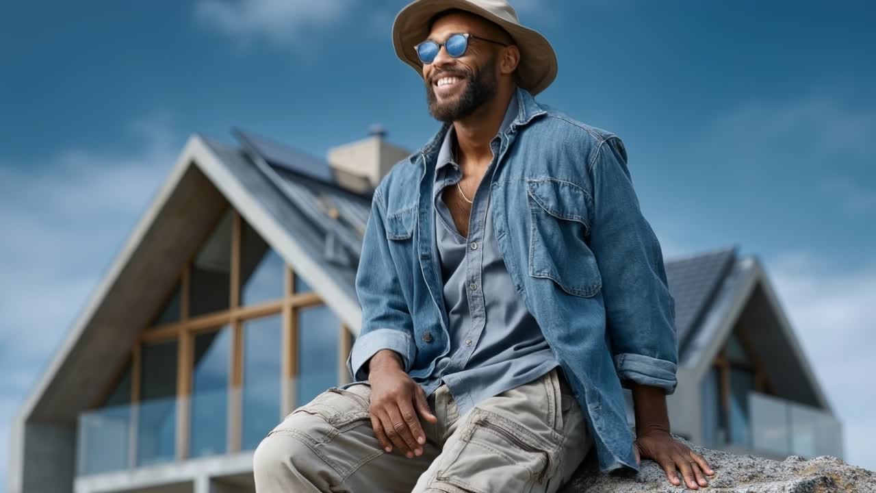 Stylish young man in denim shirt and hat sitting outdoors near a modern architectural house