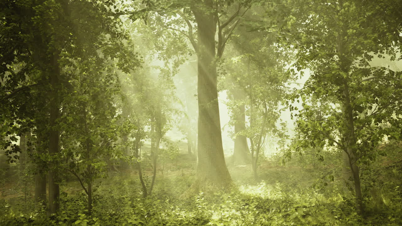 Sunlight filters through trees in a serene forest clearing during early morning