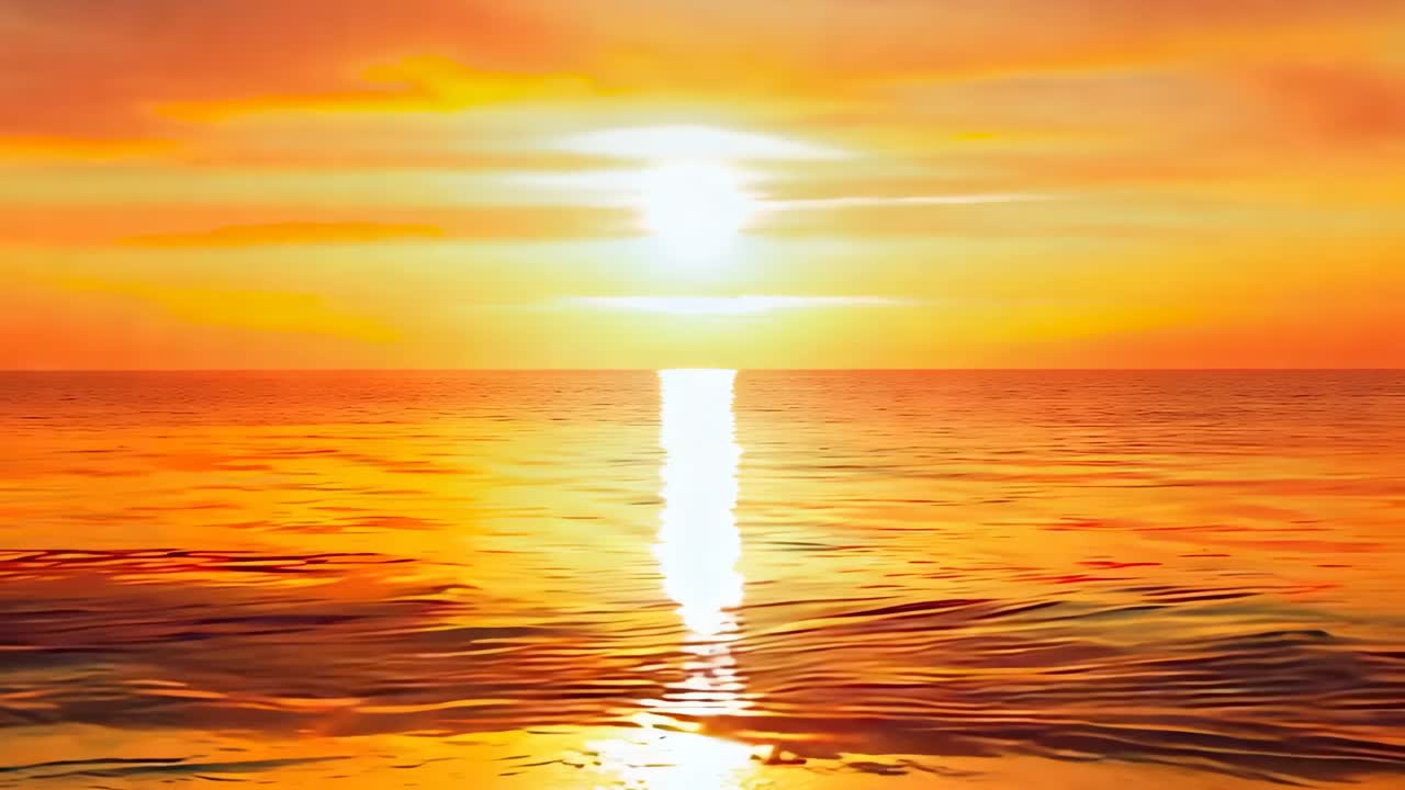 A serene sunset over the ocean, captured from a low-angle, showcasing vibrant orange hues