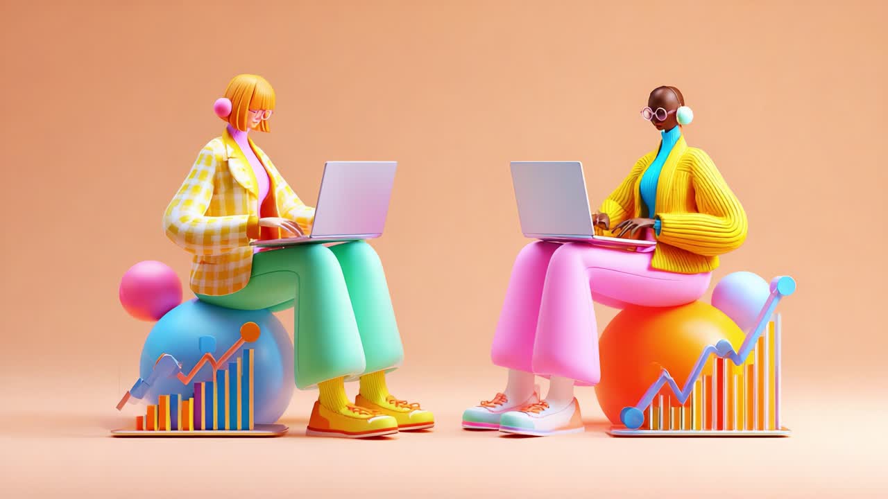 Two Colorful Digital Characters Engaged in a Collaborative Workspace Using Laptops, Surrounded by Graphs and Analytics, Representing Modern Teamwork and Innovation in a Vibrant Setting