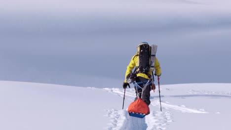 Expedition-backcountry-skier-with-pulk-sled-skis-over-sunny-glacier