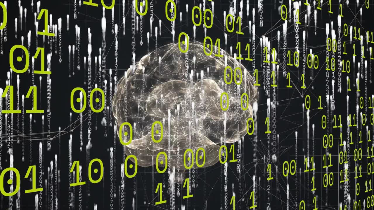 Animation of binary code and brain on black background