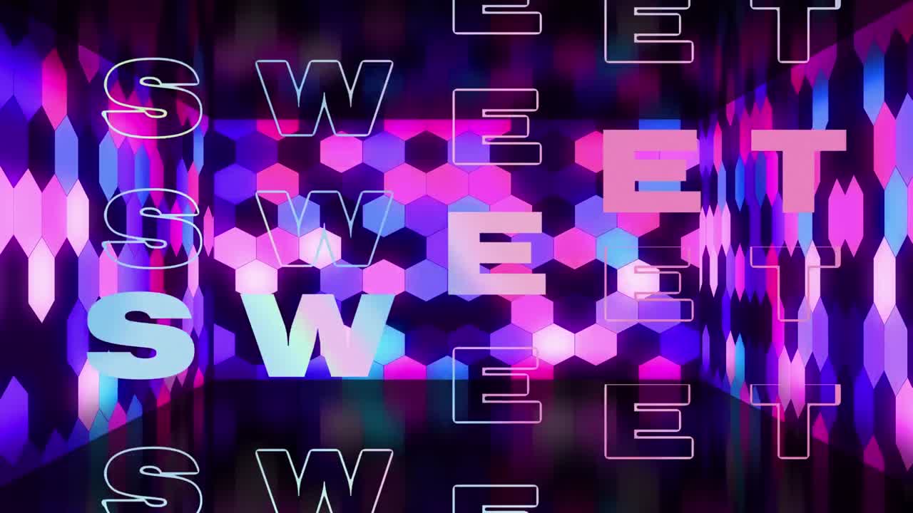 animación de texto dulce sobre formas coloridas sobre fondo negro