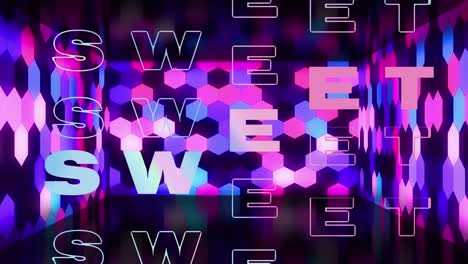 animation of sweet text over colorful shapes on black background