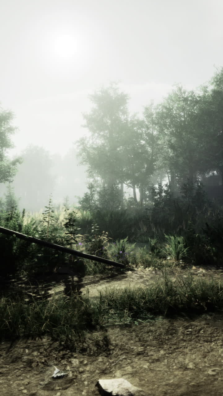 Mysterious forest landscape enveloped in fog at dawn reveals hidden beauty