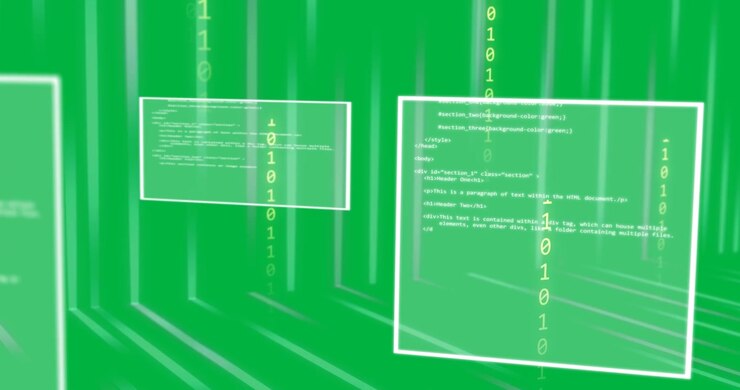 Animation of computer data processing and binary coding on transparent background