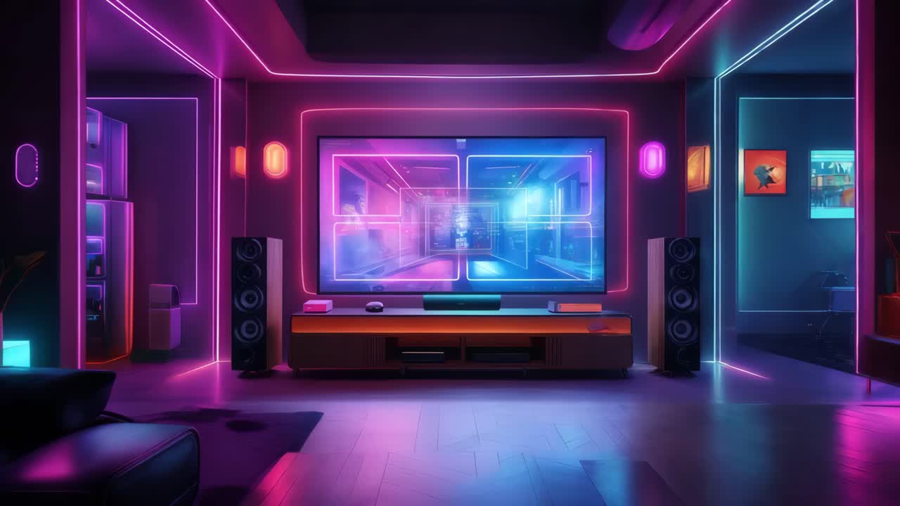 cine en casa futurista con iluminación de neón