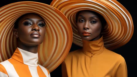 stylish models showcase bold fashion in vibrant orange hats and outfits