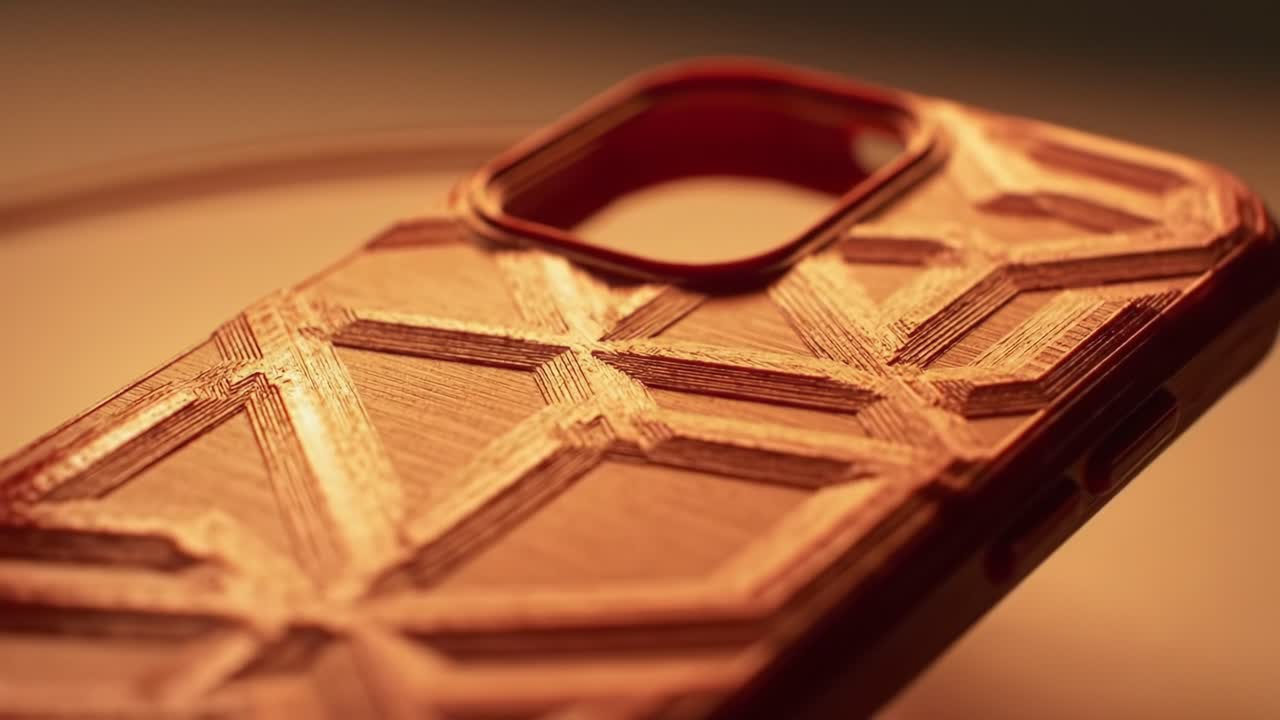 Stylish Textured Phone Case with Geometric Patterns Showcased in Warm Lighting: A Close-Up Perspective on Modern Design and Craftsmanship