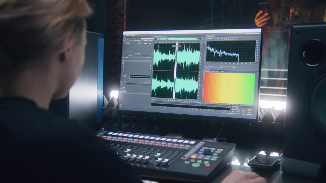 ingeniera de audio femenina utiliza el software daw en la computadora