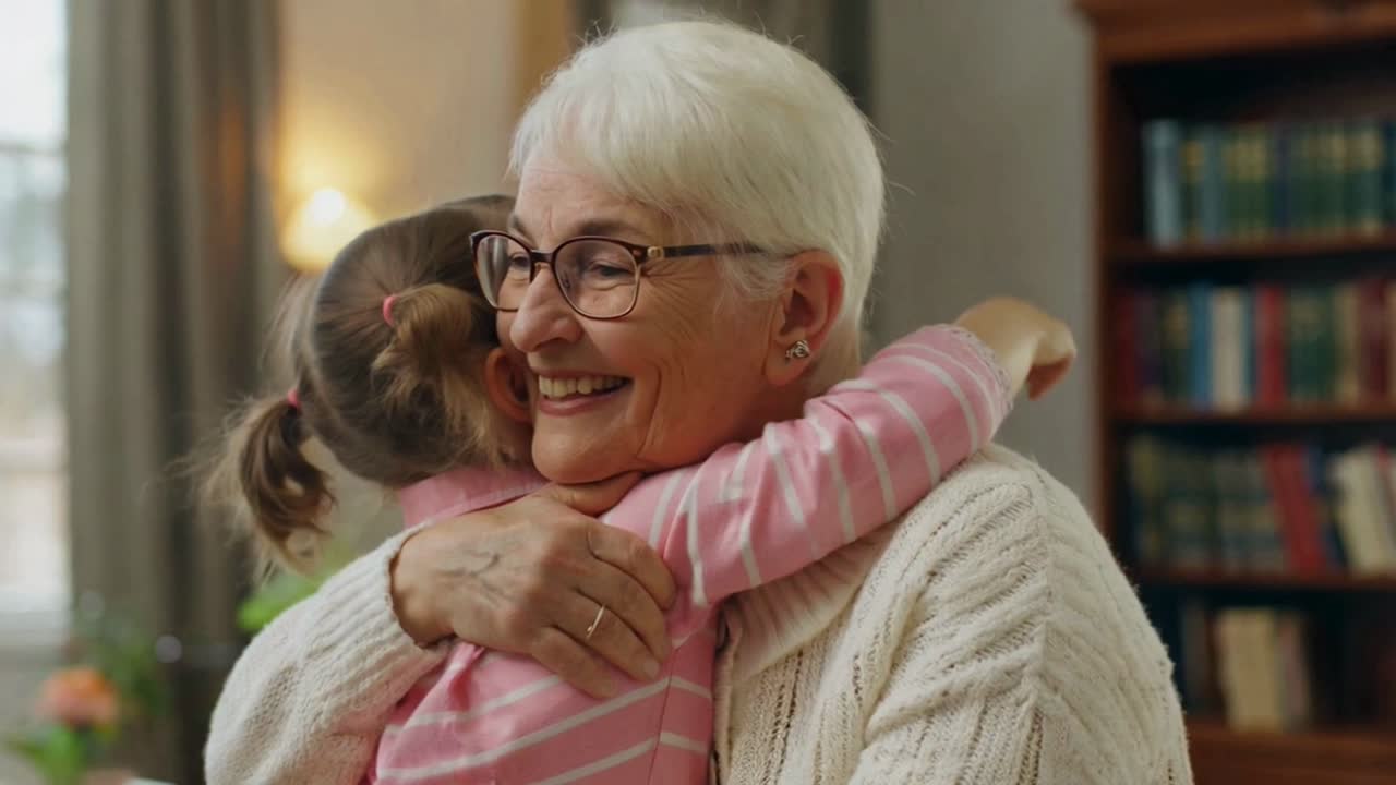 Loving Grandchild Embracing and Comforting Her Grandmother at Home