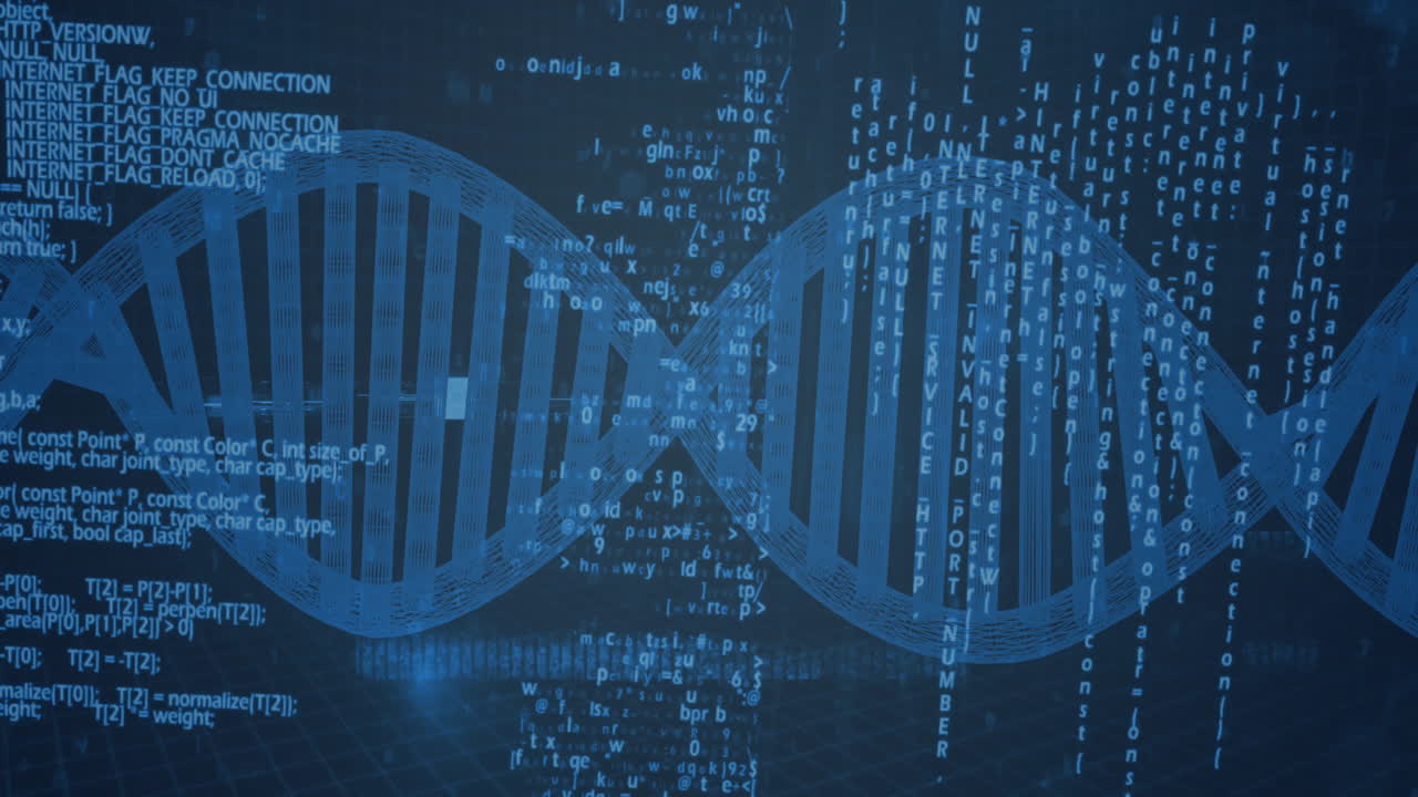 Translucent blue 3D DNA helix stretching, cascading glowing code streams across grid in 3D render