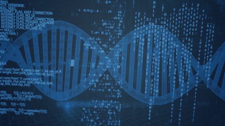 Translucent blue 3D DNA helix stretching, cascading glowing code streams across grid in 3D render