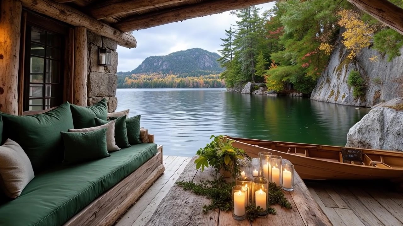 Cozy wooden lakeside deck at dusk with a green sofa candles and a view of autumn mountains