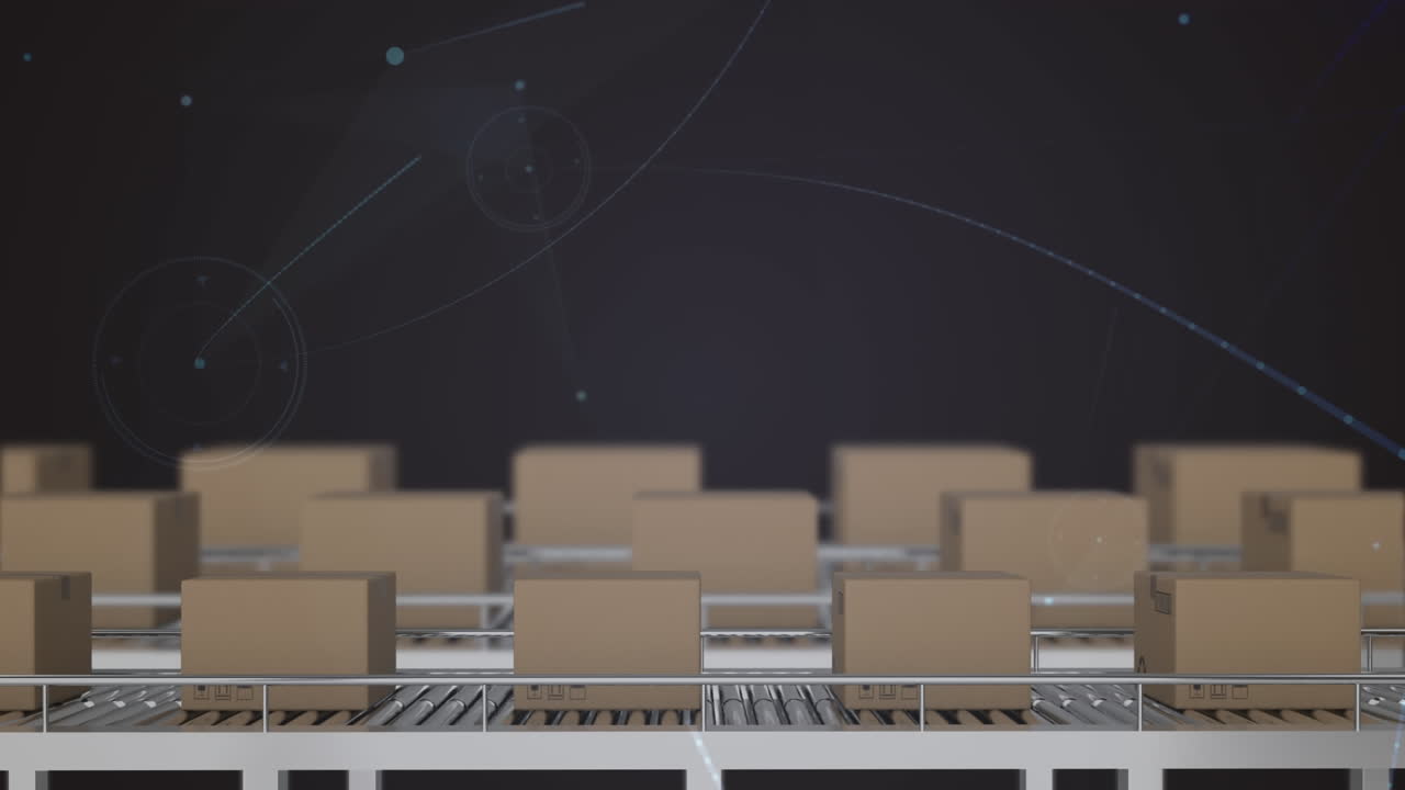 창고의 컨베이어 벨트에 있는 상자 위의 연결 네트워크의 애니메이션