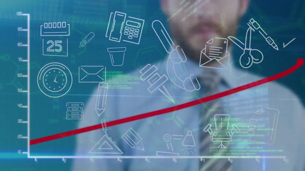 animación del procesamiento de datos sobre un hombre de negocios caucásico dibujando gráficos e iconos de papelería de oficina