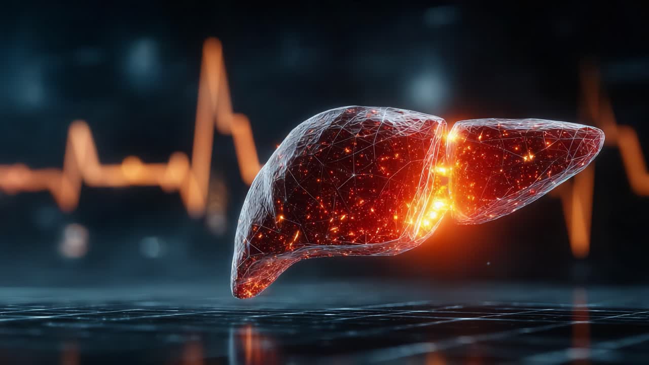A Stunning Visualization of the Human Liver in a Digital Landscape with a Vibrant Pulse, Highlighting its Vital Role in Bodily Functions and Health Monitoring