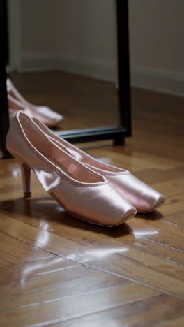 pink ballet shoes on wooden floor