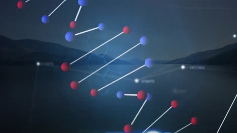 Animation-Des-Spinnens-Und-Der-Datenverarbeitung-Von-3D-DNA-Strängen-über-Der-Landschaft