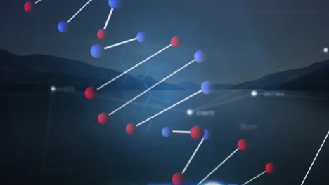 animación del hilado de cadenas de adn en 3d y procesamiento de datos sobre el paisaje