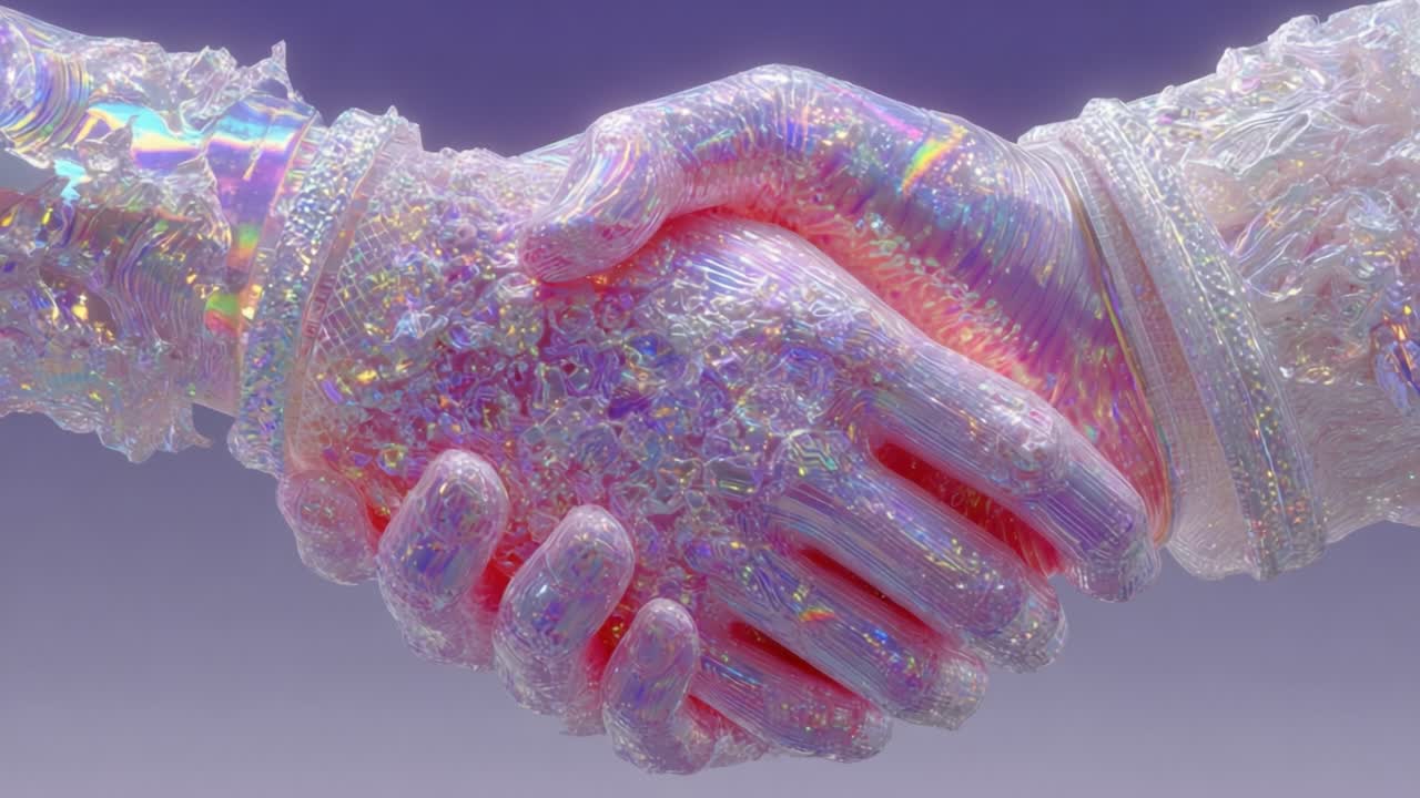 Two abstract hands made of sparkling iridescent diamond material shaking in a virtual environment, representing a futuristic deal, technological agreement, or successful digital partnership