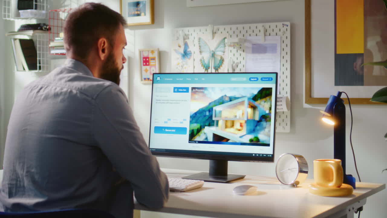 Man browsing a modern house design on a computer screen in a home office.