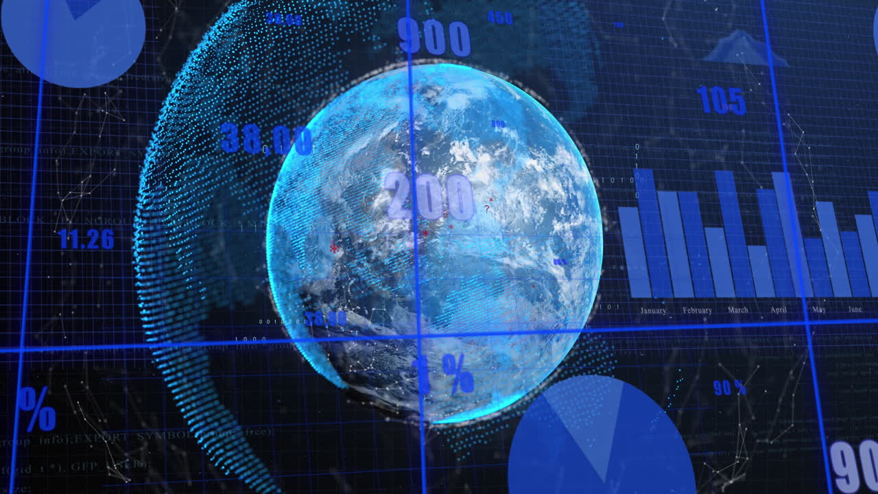 Animation of statistical data processing over grid network and globe against blue background