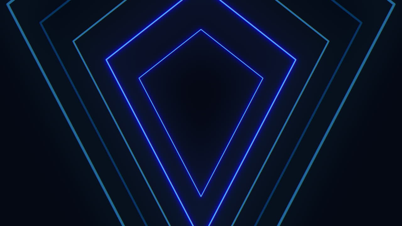 Motivo triangolare luminoso con diamante blu al neon su sfondo nero
