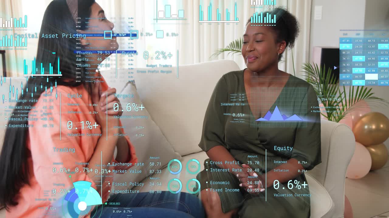 Two women sitting on couch starting finance chat while data charts overlaying around gestures