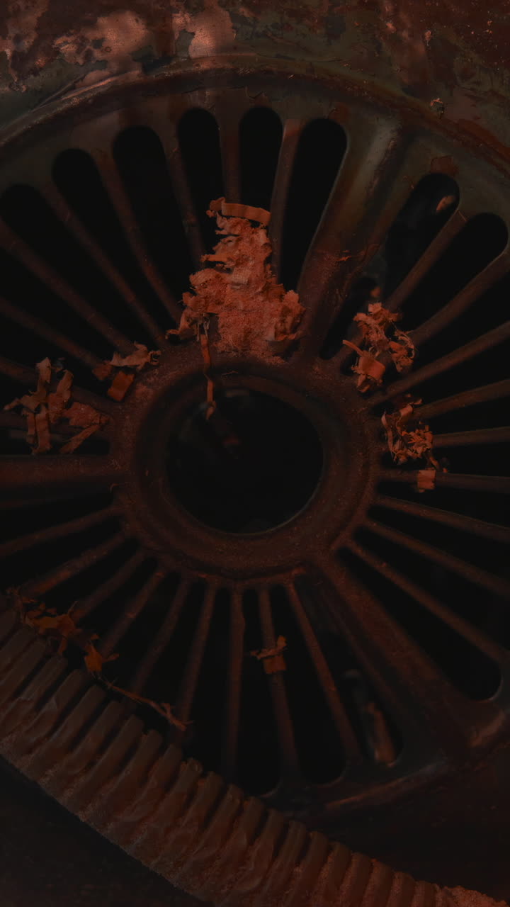 Ventilatore di motore arrugginito con griglia a spirale e tubo collegato, polvere depositata nelle fessure, luce arancione cinematografica soffusa