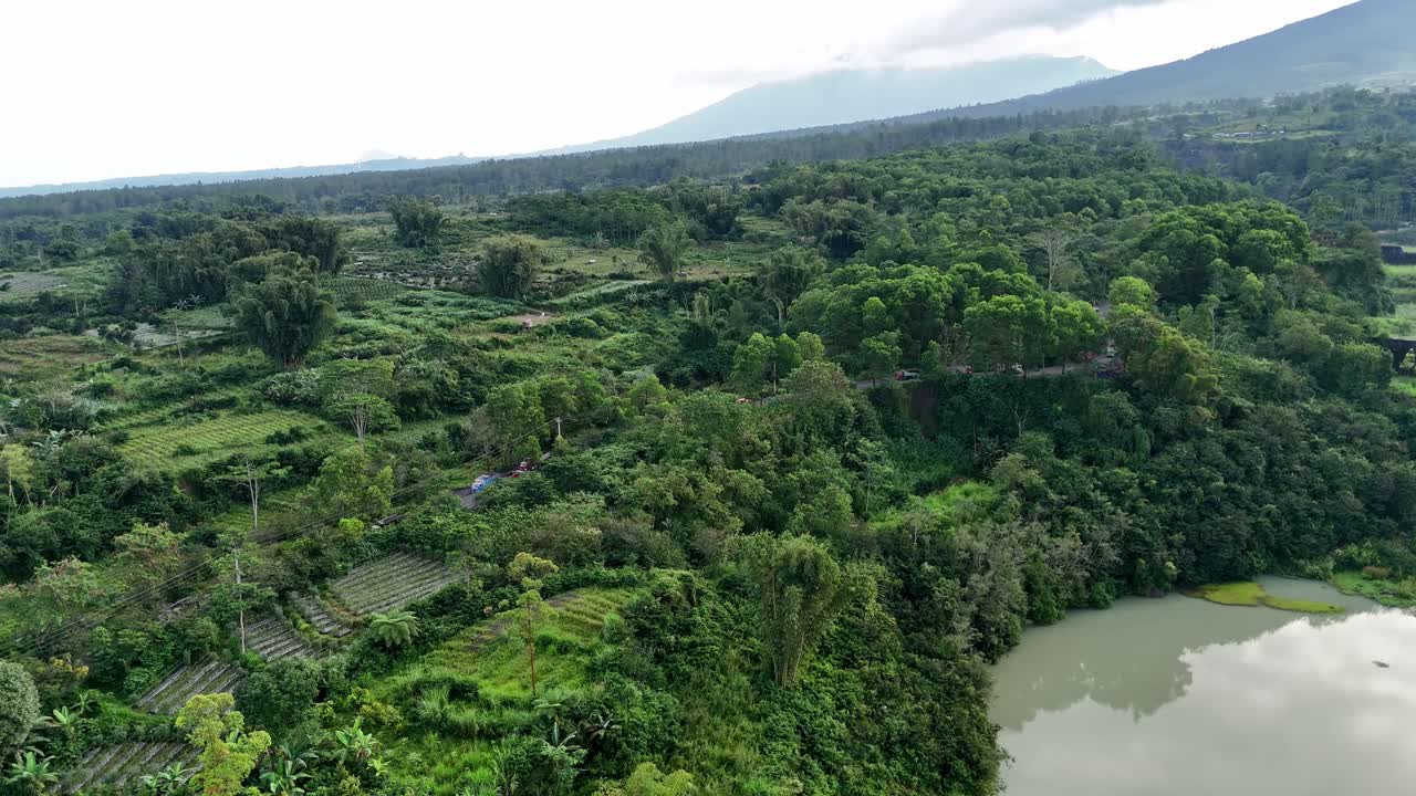 Aerial view of trucks passing through green vegetation carrying mining products.